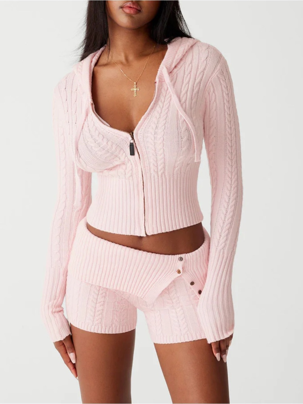 Frankie's Bikinis Pink Cable Knit Zip Hoodie
